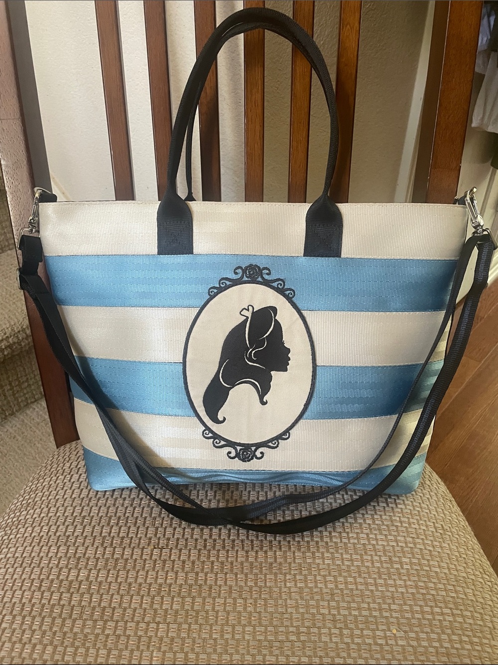 Harveys Disney Alice Stripes Blue & White Tote Bag with Black Silhouette Detai